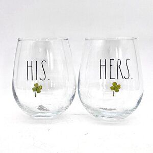 Rae Dunn Stemless Wine Glass Set His & Hers Shamrock Enchante' Accessories 2021